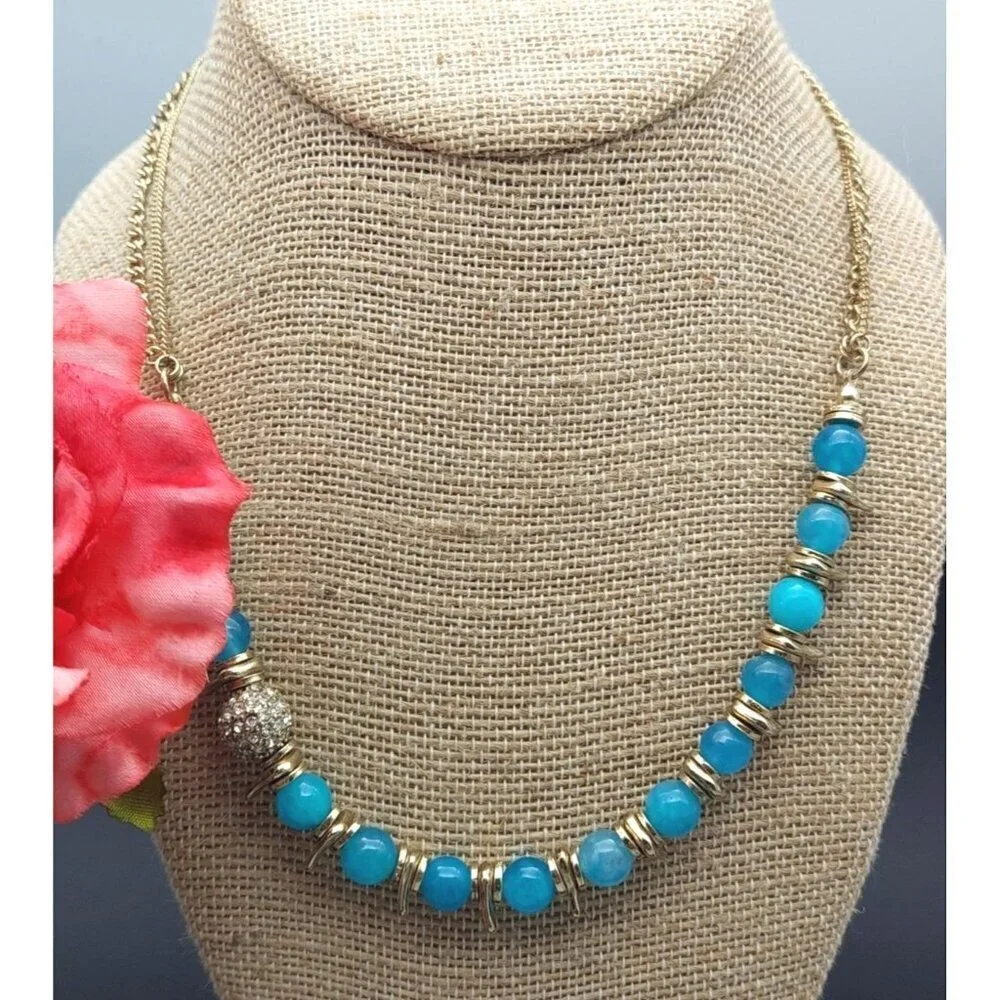 NWT Sequin Gold Tone & Blue Bead Collar Necklace Asymmetrical Paved Pendant 18